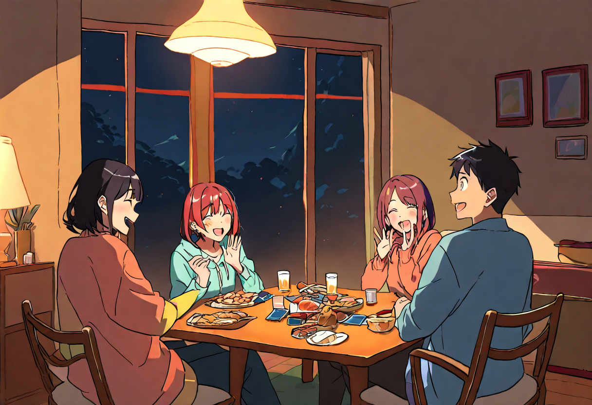 夜の部屋でテーブルを囲み、大富豪で盛り上がる友達どうし